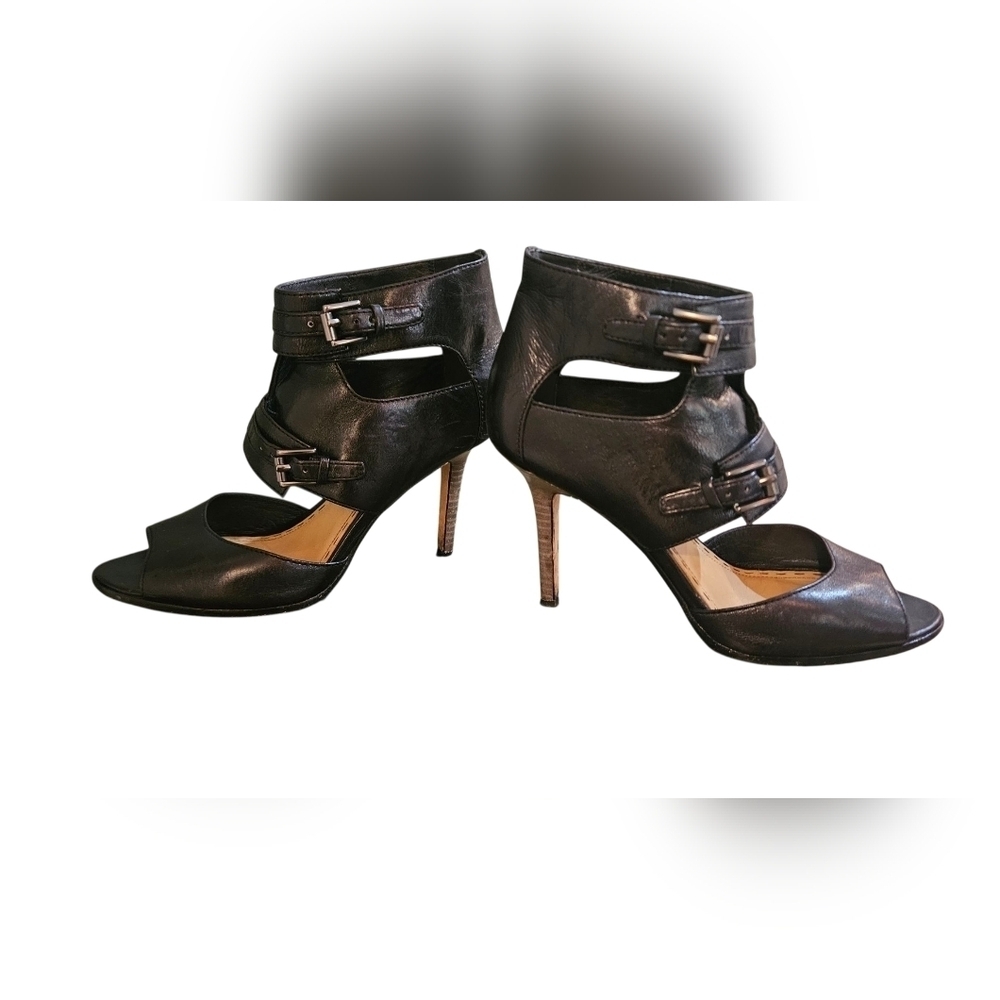 Coach Filomena Black Leather Buckle Peep Toe Stiletto Heels Size 8.5B - Picture 2 of 16